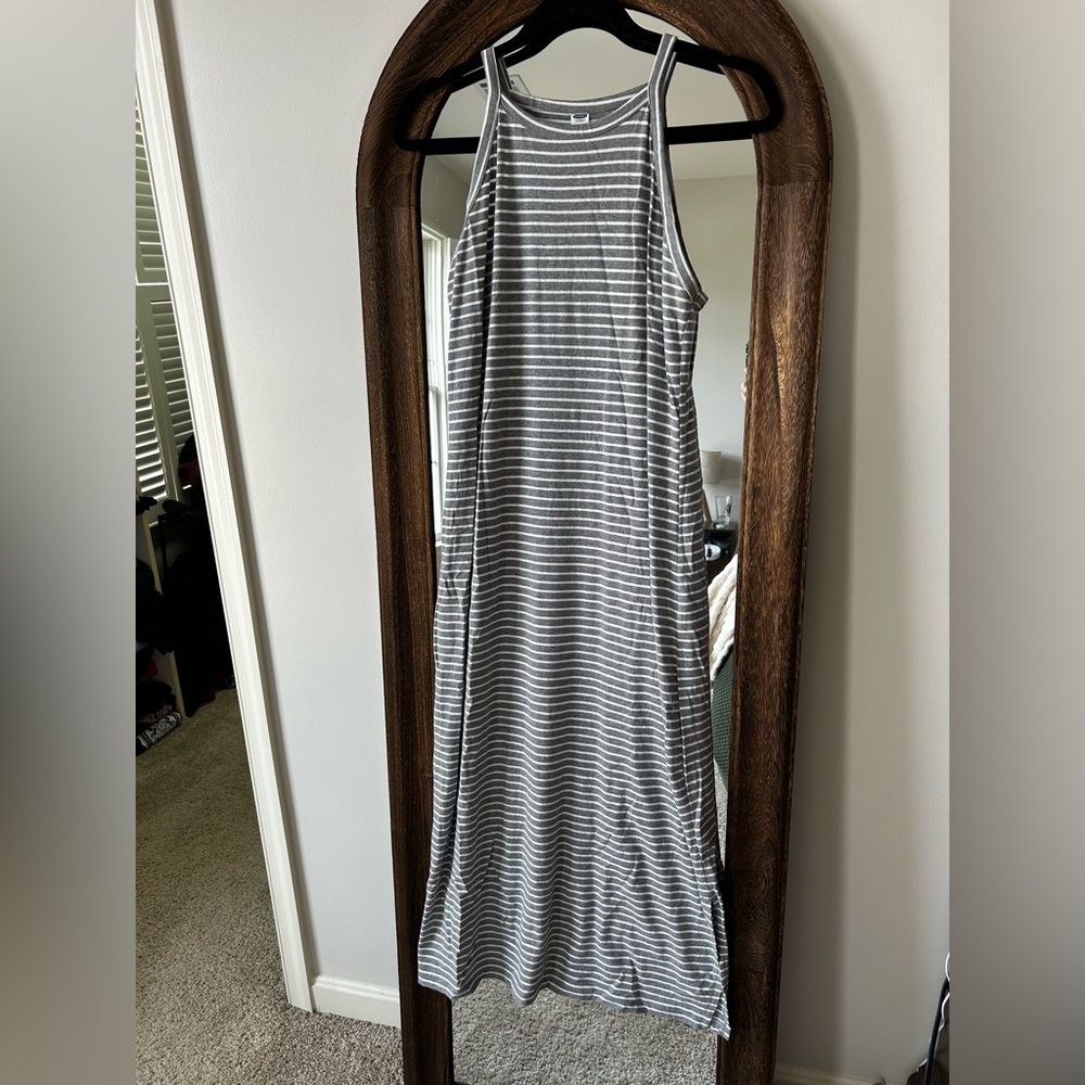 Old Navy Gray and White Striped Midi Dress